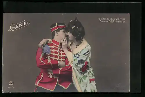 AK Operette Geisha, Leutnant mit Geisha beim Kuss