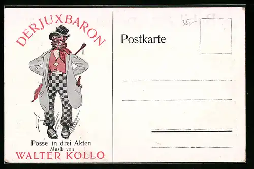 AK Operette Der Juxbaron, von Walter Kollo, Titelfigur, rückseitig Notenauszug Bubi