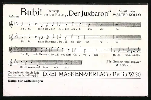 AK Operette Der Juxbaron, von Walter Kollo, Titelfigur, rückseitig Notenauszug Bubi