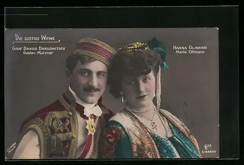 AK Operette Die lustige Witwe, Gustav Matzner als Graf Danilowitsch und Marie Ottmann als Hanna Glawari