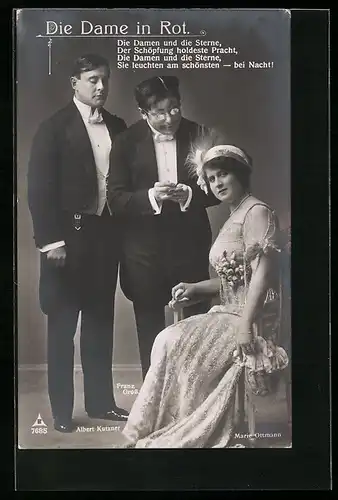 AK Operette Die Dame in Rot, Szene mit Albert Kutzner, Franz Gross und Marie Ottmann