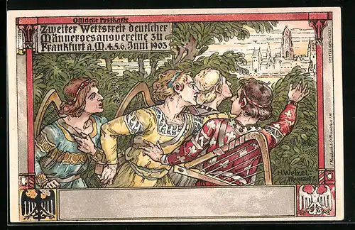 Künstler-AK Frankfurt a. M., Zweiter Wettstreit deutscher Männergesangsvereine 4.-6. Juni 1903, Barden mit Harfen