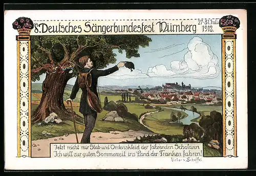 Künstler-AK Nürnberg, 8. Deutsches Sängerbundesfest 1912, Wanderer mit Laute