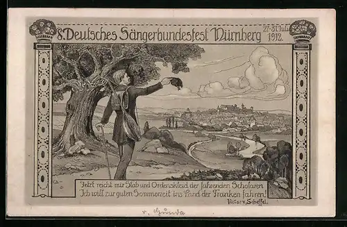 AK Nürnberg, 8. Deutsches Sängerbundesfest 1912, Wanderer blickt zur Stadt