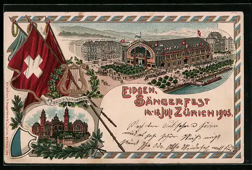 AK Zürich, Eidgenössisches Sängerfest 14.-18. Juli 1905, Schweizer Flagge