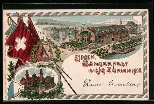 AK Zürich, Eidgenössisches Sängerfest 14.-18. Juli 1905, Schweizer Flagge