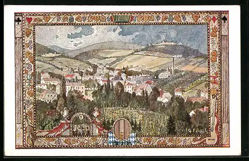 Künstler-AK Wien, Fest-Postkarte des 10. Deutschen Sängerbundesfestes mit Blick über Grinzing, 1928