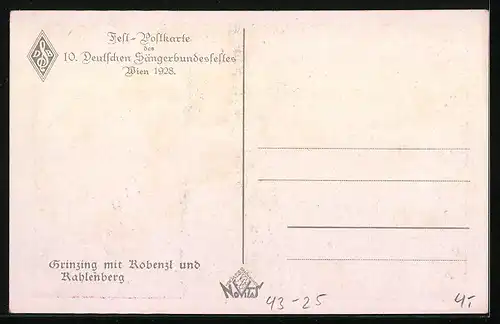 Künstler-AK Wien, Fest-Postkarte des 10. Deutschen Sängerbundesfestes mit Blick über Grinzing, 1928