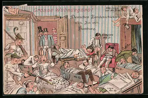 Künstler-AK Hamburg, 16. Deutsches Bundesschiessen 1909, Grosse Wohungsnot