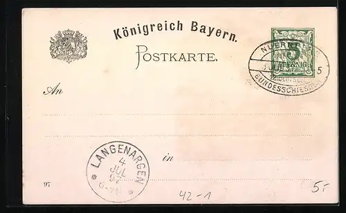 Lithographie Nürnberg, XII. Deutsches Bundesschiessen 1897, Landsknechte mit Gewehr und Schiessscheibe vor der Stadt