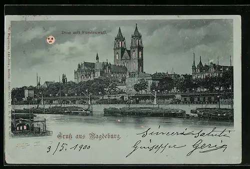 Lithographie Magdeburg, Dom mit Fürstenwall, Halt gegen das Licht: beleuchtete Fenster