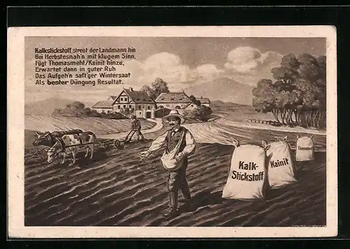 AK Reklame für Kalk-Stickstoff und Kainit, Bauer düngt seine Felder