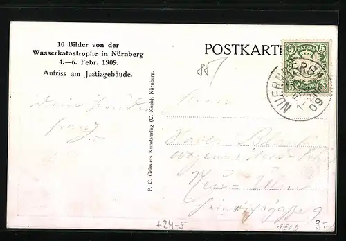 AK Nürnberg, Wasserkatastrophe 4.-6. Februar 1909, Aufriss am Justizgebäude