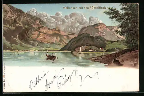 Lithographie Künzli Nr. 5620: Walensee, Teilansicht mit den 7 Churfürsten und Boot, Berggesichter