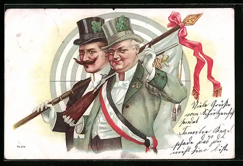 Lithographie Schützenfest, Zwei Männer mit Gewehr und Flagge