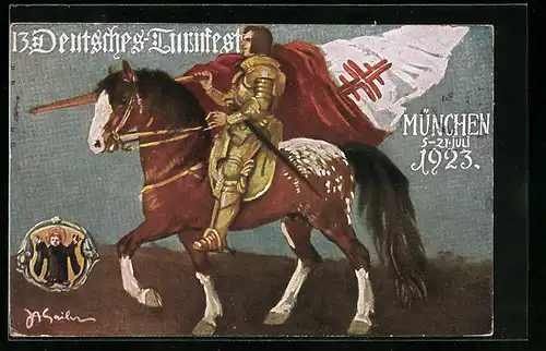 AK München, 13. Deutsches Turnfest, 5.-21. Juli 1923, Ritter reitet auf einem Pferd