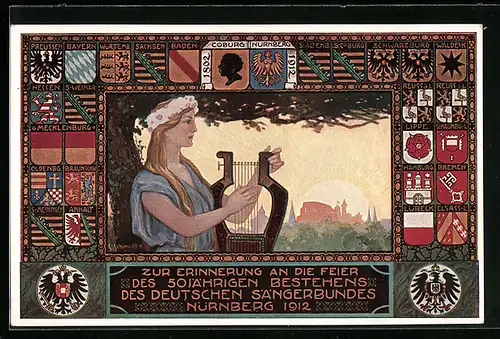 AK Nürnberg, VIII. Deutsches Sängerbundesfest 27.-31. Juli 1912, Frau mit Harfe