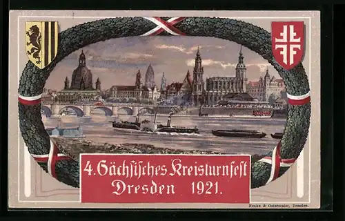 AK Dresden, 4. Sächsisches Kreisturnfest 1921, Friedrich-Augustbrücke mit Dampfschiffen