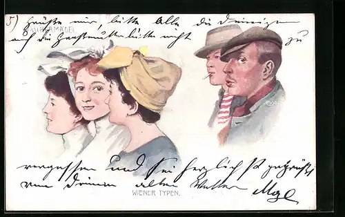 AK Wiener Typen, Waschermädel, Männer mit Hüten