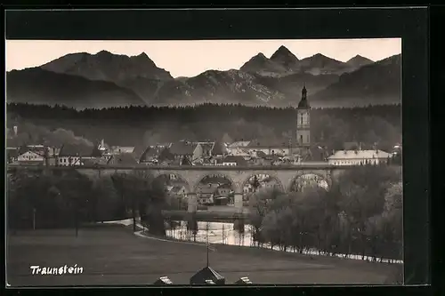 AK Traunstein, Ortspartie mit Bergen