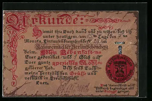 Präge-Künstler-AK Berlin-Schöneberg, Gasthaus Ratsweinkeller, Urkunde mit Siegel