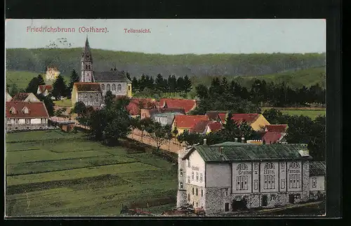 AK Friedrichsbrunn /Ostharz, Teilansicht mit Grebe`s Hotel und Pension