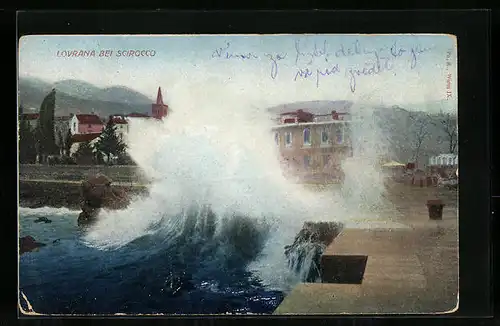 AK Lovrana bei Scirocco, Grosse Welle am Hafen