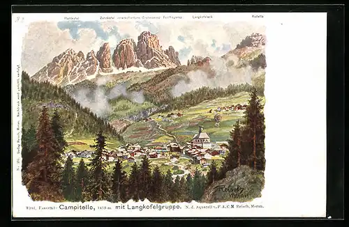 Künstler-AK F.A.C.M. Reisch: Campitello, Panorama mit Langkofelgruppe, Plattkofel, Zahnkofel und Rodella