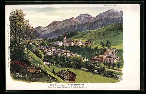 Künstler-AK F.A.C.M. Reisch: Fieberbrunn, Ortsansicht mit Wiesen und Wildseeloder