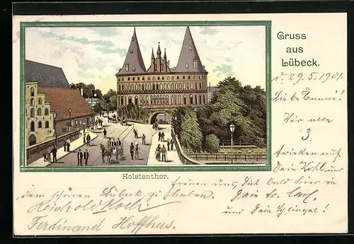 Lithographie Lübeck, Strassenpartie mit Holstentor, Passanten und Kutsche