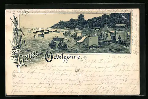 Lithographie Hamburg-Övelgönne, Strandpartie mit Booten und Schwimmbad