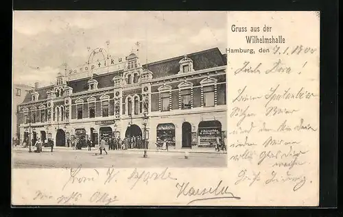 AK Hamburg-St.Pauli, Gasthaus Wilhelmshalle, Strassenansicht mit Passanten und Gruppe im Eingang