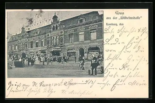 AK Hamburg-St.Pauli, Gasthaus Wilhelmshalle, Strassenansicht mit Passanten und Gruppe im Eingang