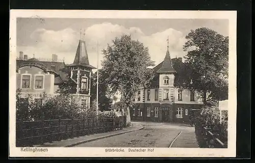 AK Kellinghusen, Strassenpartie mit Störbrücke und Hotel Deutscher Hof