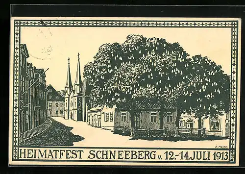 Künstler-AK Schneeberg, Anlasskarte Heimatfest 1913, Alte Hauptwache am Fürstenplatz und Hospitalkirche
