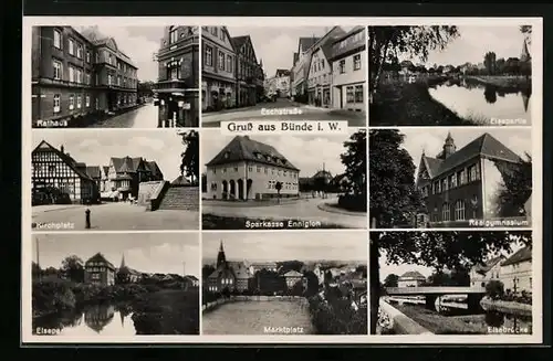 AK Bünde i. W., Eschstrasse, Elsepartie, Sparkasse Ennigloh, Kirchplatz