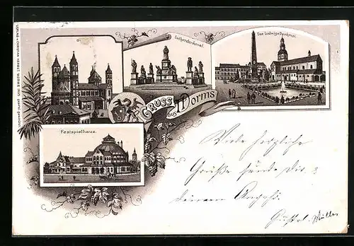 Lithographie Worms, Festspielhaus, Lutherdenkmal, Dom