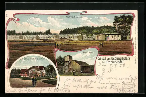 Lithographie Darmstadt, Übungsplatz, Wellblechhausen, Offizier Frühstückslokal