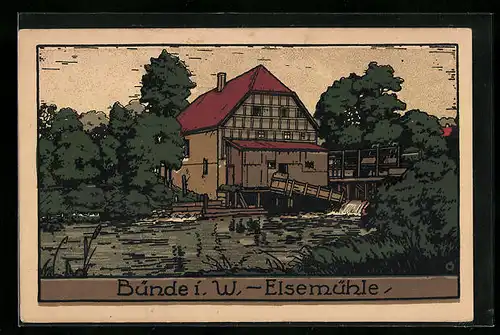 Steindruck-AK Bünde i. W., Blick auf die Elsemühle