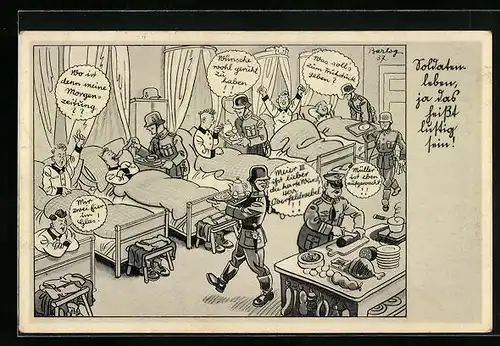Künstler-AK Ferdinand Barlog: Soldaten beim Essen im Schlafsaal