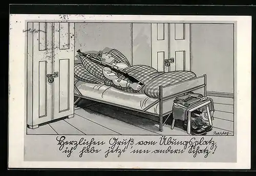 Künstler-AK Ferdinand Barlog: Mann liegt mit seinem Gewehr im Bett
