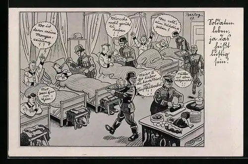 Künstler-AK Ferdinand Barlog: Soldaten beim Essen im Schlafsaal