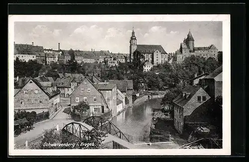 AK Schwarzenberg i. Erzgeb., Ortsansicht mit Fluss und Kirche
