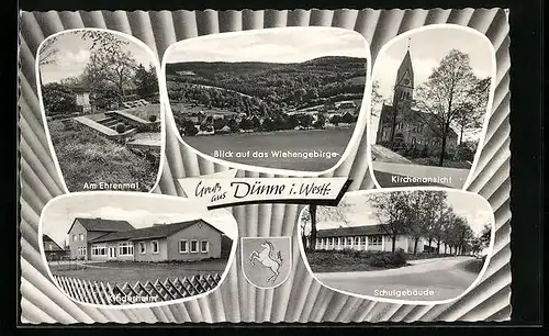 AK Dünne i. Westf., Blick auf das Wiehengebirge, Kinderheim, Schulgebäude, am Ehrenmal