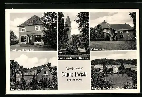 AK Dünne i. Westf. /Kr. Herford, Kaufhaus H. Grothaus, Kirche mit Ehrenmal, Volksschule