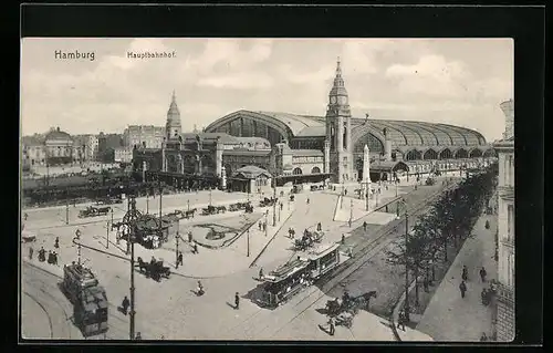 AK Hamburg-St.Georg, Hauptbahnhof mit Strassenbahnen