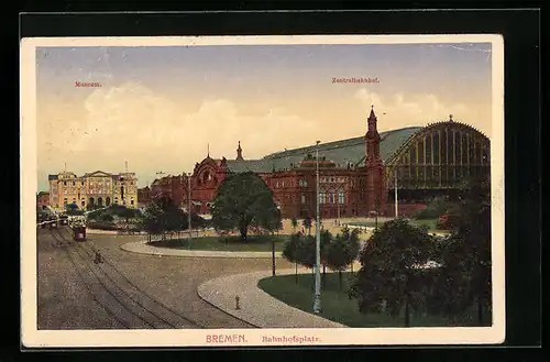 AK Bremen, Bahnhofsplatz mit Zentralbahnhof und Museum
