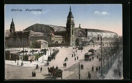 AK Hamburg-St.Georg, Hauptbahnhof mit Pferdekutsche und Strassenbahnen