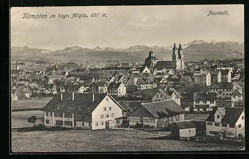 AK Kempten im bayr. Allgäu, Ortsansicht aus der Vogelschau mit Kirche