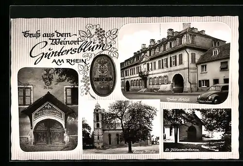 AK Guntersblum a. Rh., Neues Schloss, St. Julianenbrunnen, Evang. Kirche